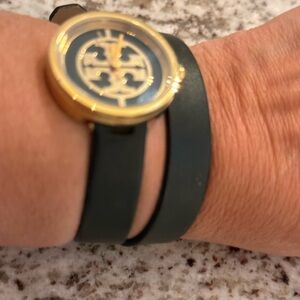 Authentic Tory Burch Gold and Black Double Wrap Watch black leather/gold tone